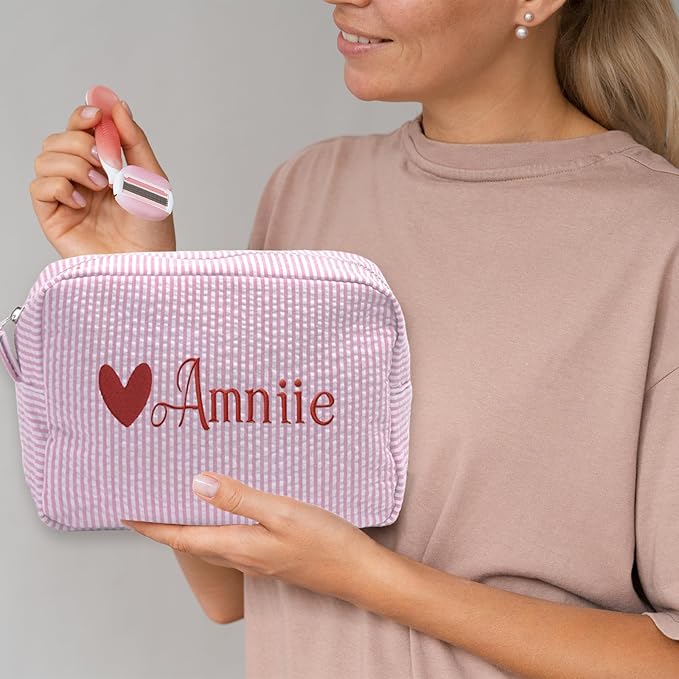 Custom Makeup Bag Personalized Cosmetic Bag Cute Seersucker Travel Toiletry Bag for Women Embroidered Bag Organizer for Bride Makeup Bag Gift Yellow