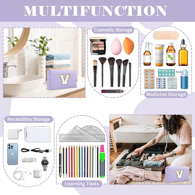 Personalized Makeup Bag Initial A-Z Preppy Patch Bag,Small PU Leather Travel Cosmetic Bag Pouch with Zipper,Purple Cute Toiletry Bag,Gift Ideal for Teen Girls Women Birthday Friend Mom,Latter V