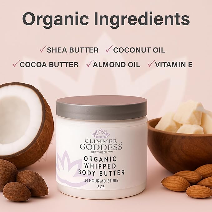 Glimmer Goddess Organic Whipped Body Butter for Women - Moisturizer Cream with Shea & Cocoa Butter, Almonds & Coconut Oil - Citrus Mango, 8oz
