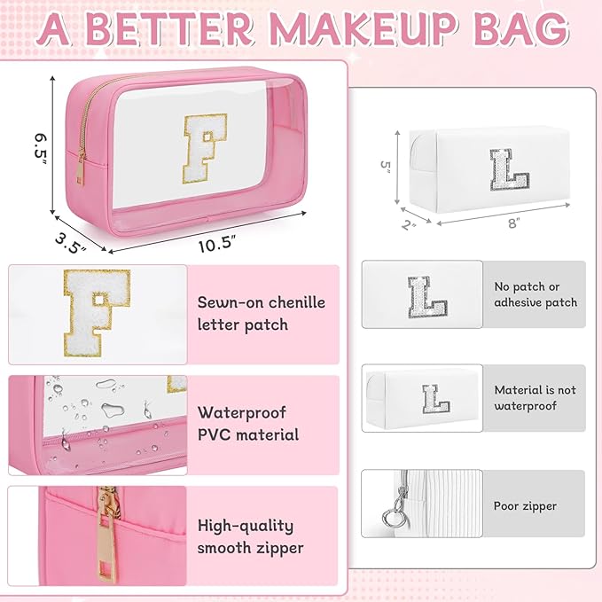Personalized Initial Clear Makeup Bag, Travel Chenille Patch Cosmetic Bag, Preppy Toiletry Bag Monogram Cosmetic Pouch with Zipper, Ideal Gift for Teen Girls Women (Clear-Pink, F)