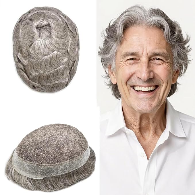 FACE MIRACLE French Lace Mens Toupee Human Hair System Lace Center Toupee for Men Thin Skin PU Around Hair Replacement System V-Looped Mens Hair Wig 6"X9" #580 5# MEDIUM LIGHT BROWN WITH 80% GREY