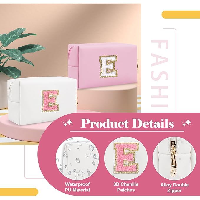 Personalized Makeup Bag Initial A-Z Preppy Patch Bag,Small PU Leather Travel Cosmetic Bag Pouch with Zipper,White Cute Toiletry Bag,Gift Ideal for Teen Girls Women Birthday Friend Mom,Letter E