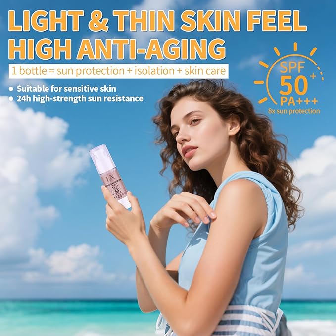 Tinted Face Sunscreen - Waterproof & Lightweight Liquid Foundation with SPF 50++, 3-in-1 Full Coverage Foundation Smooths & Blurs Pores, 106 Light