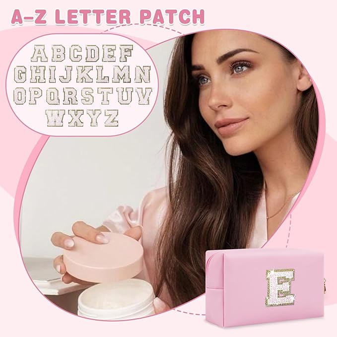 Small Personalized Initial A-Z Patch Makeup Bag,Pink Cute PU Leather Glitter Letter Cosmetic Bag for Teen Girls,Travel Toiletry Bag with Zipper,Preppy Monogrammed Birthday Gift for Daughter Niece E