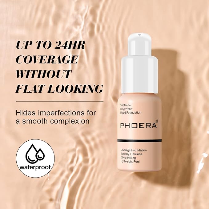 BestLand 2Pack PHOERA Foundation Full Coverage Liquid Foundation Cream - Long-lasting Lightweight Concealer - Oil-Free Formula - Natural Shade - Suitable for All Skin Types (2 Pack Buff Beige #104)