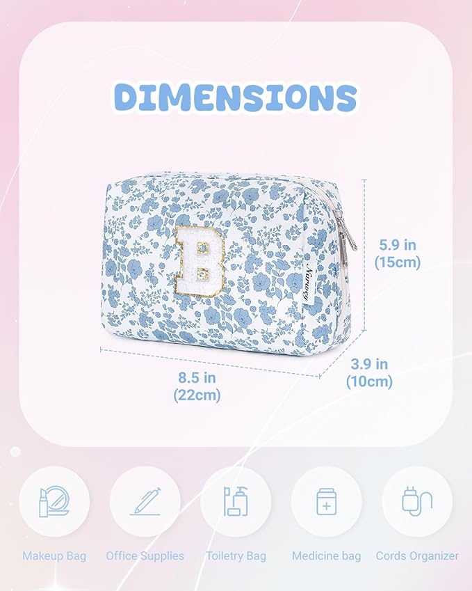 Narwey Birthday Gifts for Teen Girls Kids Women Personalized Initial Floral Makeup Bag Cute Cosmetic Trendy Stuff 6 8 10 11 12 13 14 16 18 Years Old Travel Toiletry Bag (Little Blue Flower B)