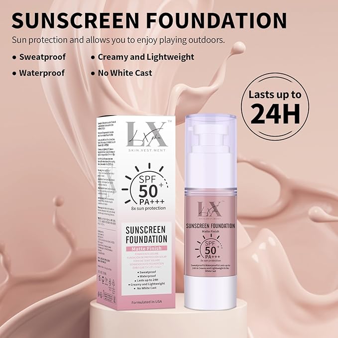 Tinted Face Sunscreen - Waterproof & Lightweight Liquid Foundation with SPF 50++, 3-in-1 Full Coverage Foundation Smooths & Blurs Pores, 201 Medium