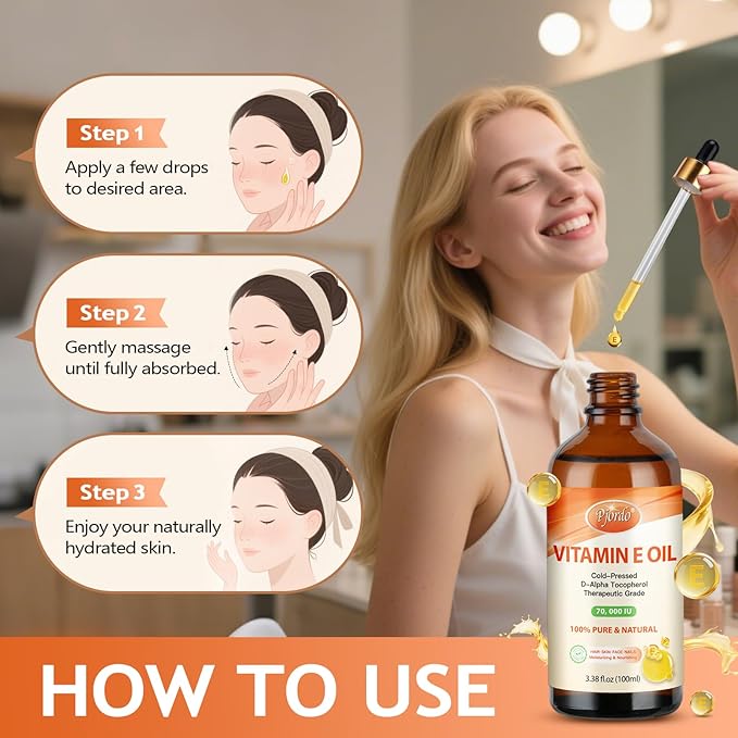 Vitamin E Oil - 100% Pure & Natural, 70,000 IU Cold-Pressed Organic Vitamin E Oil for Skin, Face, Hair, Nails & Scars, D-Alpha Tocopherol Rich, Deep Moisturizing and Firming Skin