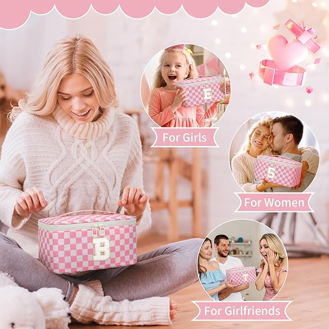 OCHEAL Makeup Bag for Women, Monogram Cosmetic Bag with Brush Holder, Pink Travel Makeup Case Beauty Toiletry Bag Organizer Personalized Gifts for Girls Bridesmaid, Sister, Wife, Friends Initial M