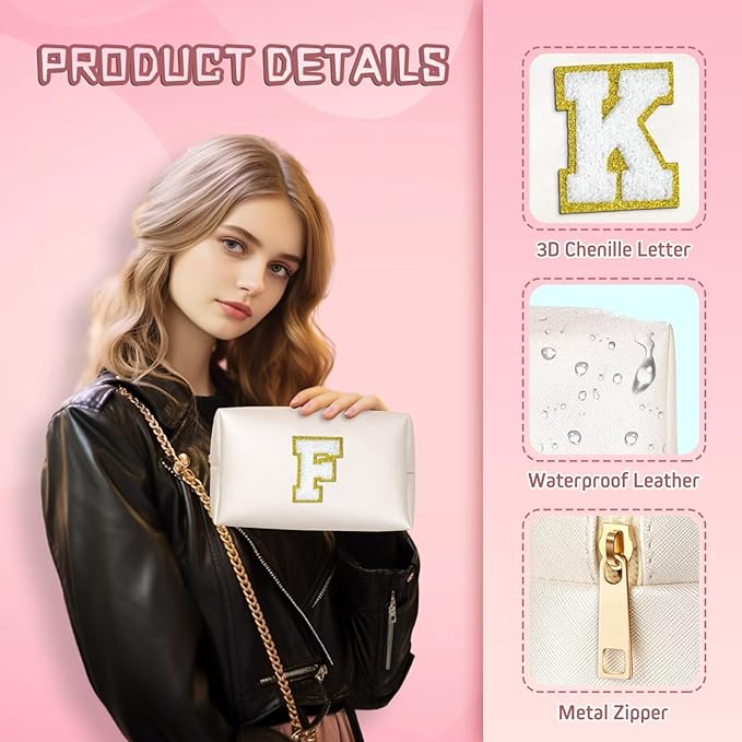 TOPEAST Initial Makeup Bags for Women, Personalized Portable Cosmetic Bag for Travel, Cute Makeup Pouch, PU Leather Waterproof Toiletry Bag, Preppy Things for Girl (White V)