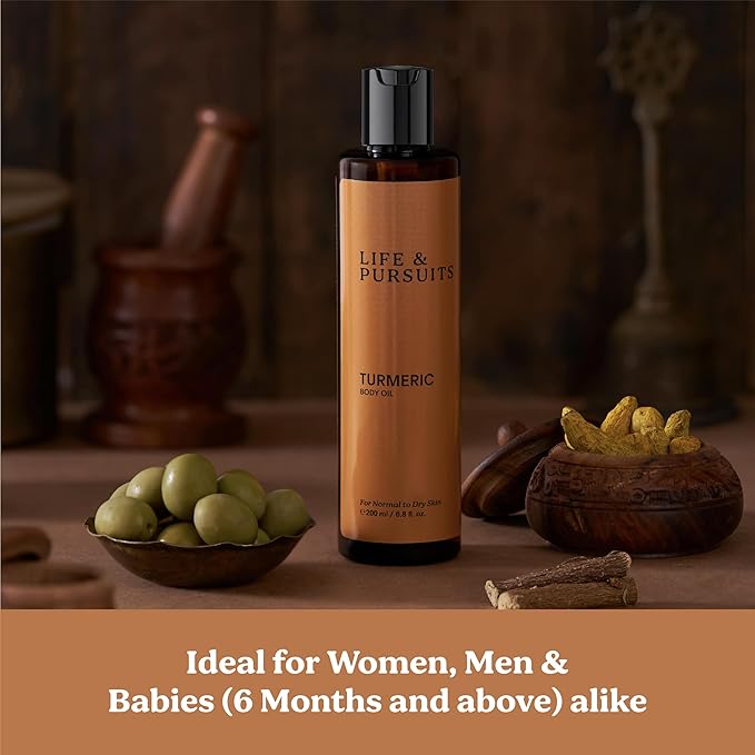 Life & Pursuits Turmeric Body Oil - Ayurvedic Natural Body Massage Oil with Vitamin E, Coconut Oil, Almond & Squalane| Reduces Dark Spots, Brightens Skin (6.8 Fl Oz (1Pack))