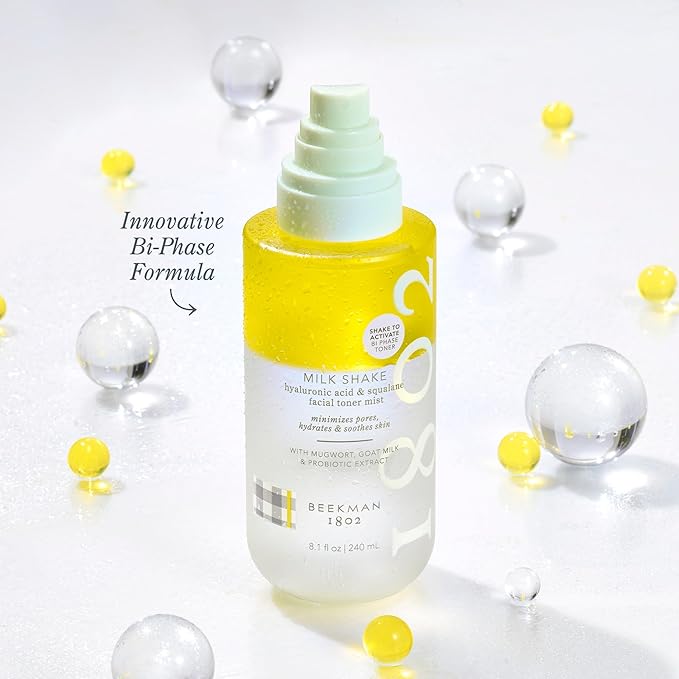 Beekman 1802 Milk Shake Mini Hydrating Face Mist - Hyaluronic Acid & Squalane Facial Mist Minimizes Pores & Gently Moisturizes, Goat Milk Skin Toner Spray, Lightweight, Fragrance Free, Travel Size