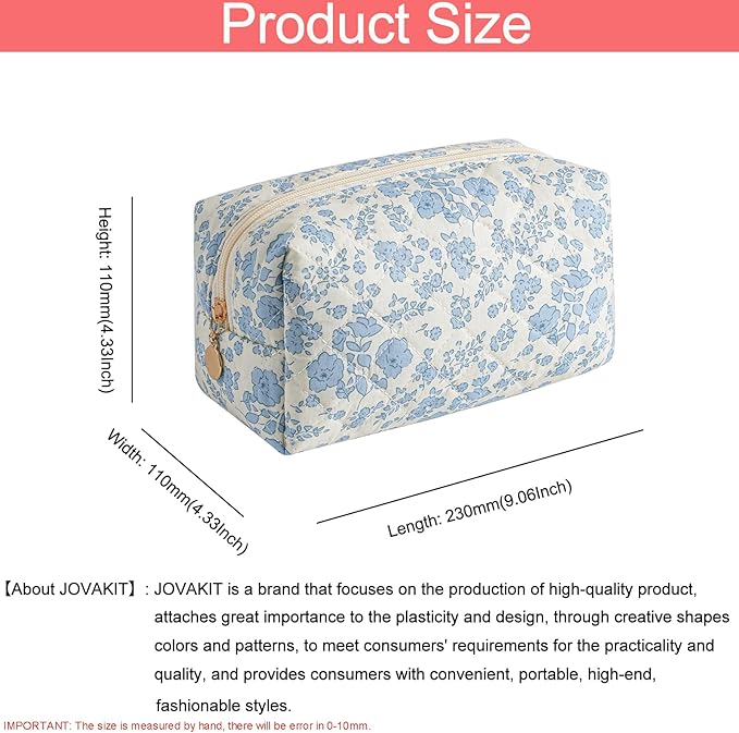 JOVAKIT Square Makeup Bag Cute Cosmetic Bag for Women, Floral Coquette Aesthetic Toiletry Bag, Zipper Make Up Pouch, Travel Make Up Organizer Bag (Blue+Navy Blue Floral)