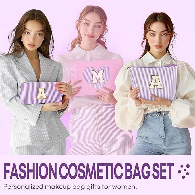 2 PCS Initial Makeup Bags for Women: Cosmetic Bag for Travel Toiletry - Birthday Gifts for 11 12 13 14 15 16 17 18 Years Old Girl Graduation Teacher Gift- Teen Girl Gifts Trendy Stuff - Purple P