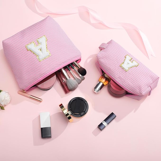 YOOLIFE Travel Makeup Bag Cosmetic Bag - Make Up Bag with Makeup Brush Bag Monogram Makeup Pouch Bag 2 Pieces Cute Makeup Bag Personalized Gifts Best Friend Birthday Gifts for Women Pink Letter Y
