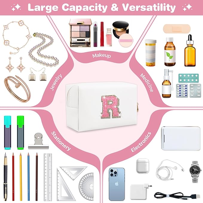 Small Initial Patch Makeup Bag Personalized Gifts Make Up Bag,White Cute PU Leather Glitter Letter Cosmetic Bag with Zipper,Trendy Portable Travel Toiletry Pouch,Preppy Stuff for Teen Girls Women R