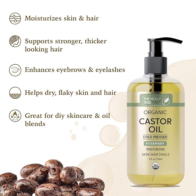 Organic Castor Oil 9 fl oz - Rosemary Infused Cold Pressed - 100% Pure & Hexane Free - Castor Oil for Hair Growth - Moisturizing & Nourishing for Face & Body - The Holly Tree