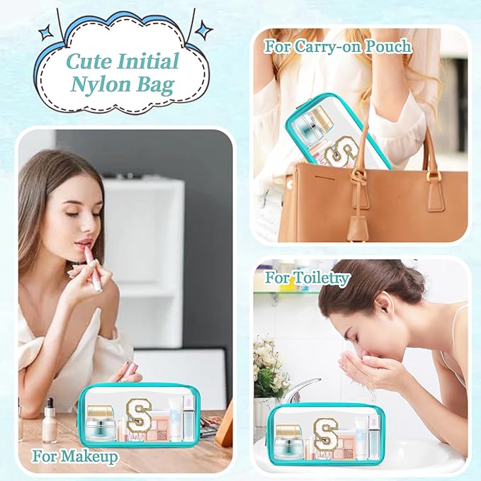 Small Clear Personalized Initial Makeup Bag,Nylon Preppy A-Z Chenille Letter Patch Cosmetic Pouch Beach Toiletry Bag,Waterproof Zipper Travel Purse Storage Bag Organizer for Women Girls(Cyan-White S)