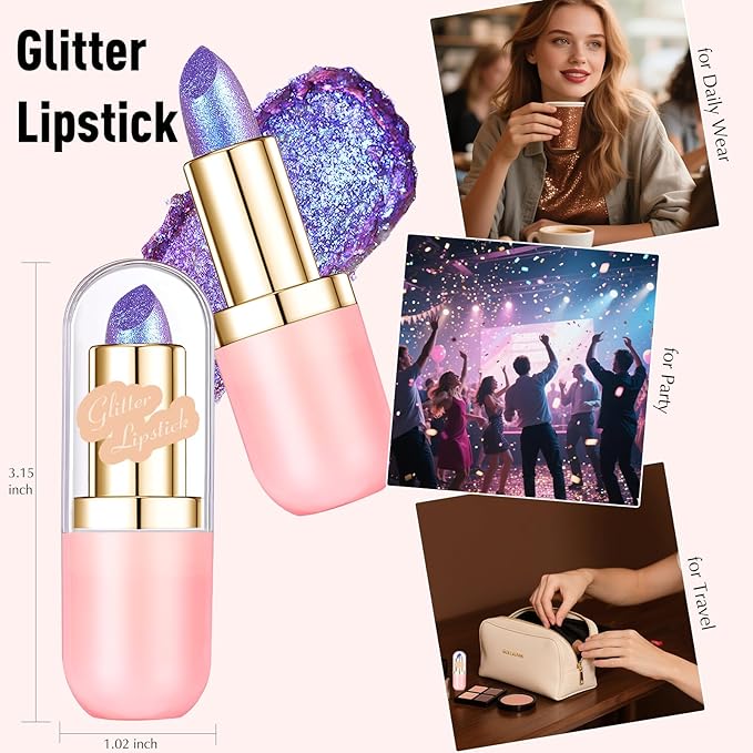 Metallic Blue Lipstick Makeup, Holographic Glitter Lip Stick Long Lasting Lightweight Non-Sticky Hydrating Lip Tinted Full Coverage High-Shine Sparkling Shimmer Lipstick for Women
