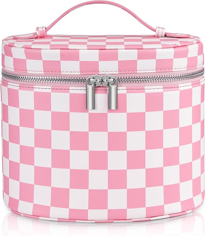 Makeup Bag Vanity Case Cosmetic Bag with Removable Divider Travel Toiletry Bag for Women Portable Make up Box Organizer, Pink and White