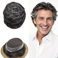 Mens Toupee Human Hair Piece French Lace Toupee for Man Hair System Indian Human Hair Replacement Systems V-Looped PU Front Hairpieces 6"X8" #1B30 1B# OFF BLACK WITH 30% SYNTHETIC GREY