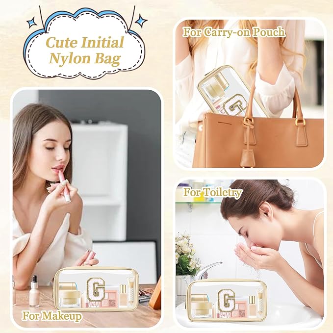 Small Clear Personalized Initial Makeup Bag,Nylon Preppy A-Z Chenille Letter Patch Cosmetic Pouch Beach Toiletry Bag,Waterproof Zipper Travel Purse Storage Bag Organizer for Women Girls(Beige-White G)