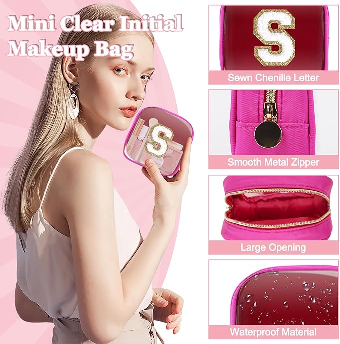 Mini Clear Personalized Initial Makeup Bag,Nylon Preppy A-Z Chenille Letter Patch Zipper Cosmetic Bag, Small Cute Beach Pouch Travel Purse Sanitary Napkin Storage Bag for Women Girls(Hot Pink-White S)