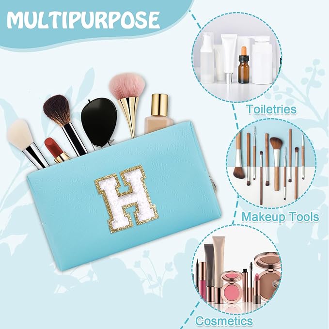 Personalized Chenille Letter Preppy Makeup Bag, Small Initial Blue Cosmetic Bag Travel Toiletry Zipper Pouch Monogram Makeup Storage, Waterproof PU Make Up Case Travel Essentials for Women(Letter H)