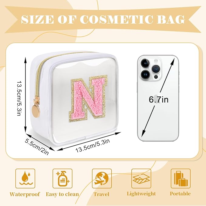 Personalized Initial Letter Clear Preppy Makeup Bag,Mini Nylon Chenille Letter Cosmetic Bag Cute Zipper Pouch Purse for Teen Girls,Portable TSA Approved Beach Travel Essentials Bag Gift for Women,N