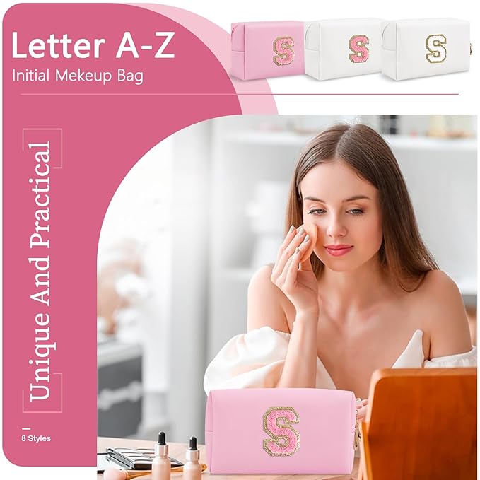 Personalized Initial A-Z Preppy Patch Makeup Bag,Small PU Leather Chenille Letter Cosmetic Bag with Zipper for Teen Girls,Pink Cute Travel Toiletry Bag,Birthday Monogrammed Gift for Daughter,Letter S