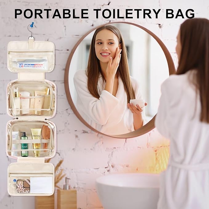 TOPEAST Hanging Toiletry Bag for Women - Travel Toiletry Bag Makeup Bag, Portable Toiletries Cosmetic Bag, Airplane Travel Essentials - Letter T, Blue