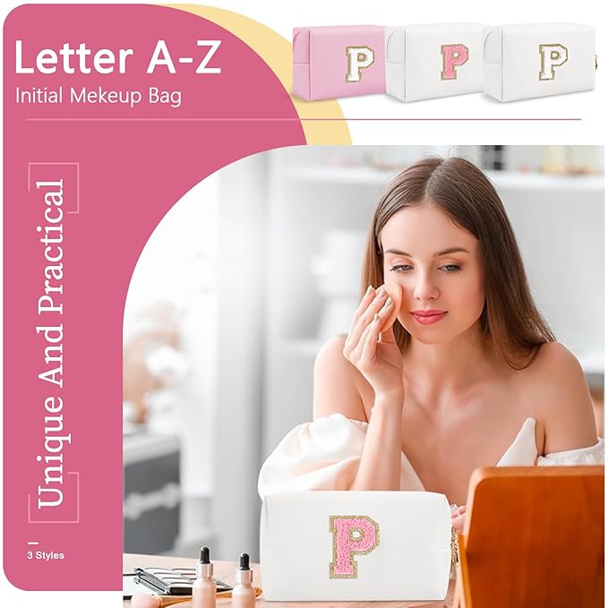 Personalized Makeup Bag Initial A-Z Preppy Patch Bag,Small PU Leather Travel Cosmetic Bag Pouch with Zipper,White Cute Toiletry Bag,Gift Ideal for Teen Girls Women Birthday Friend Mom,Letter P