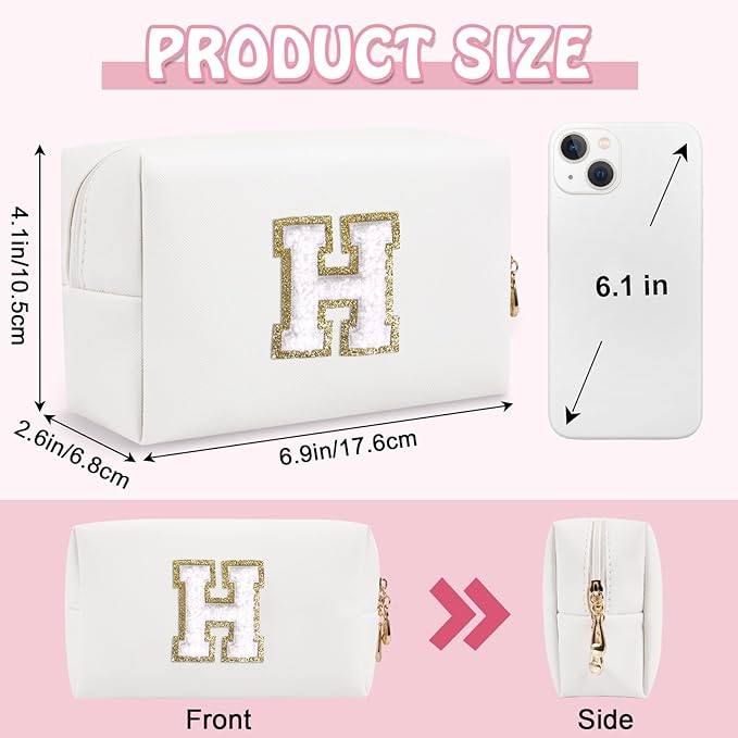 Personalized Chenille Letter Preppy Makeup Bag, Small White Travel Cosmetic Bag Initial Toiletry Zipper Pouch Monogram Makeup Storage, Waterproof Makeup Storage Travel Essentials for Women(Letter H)