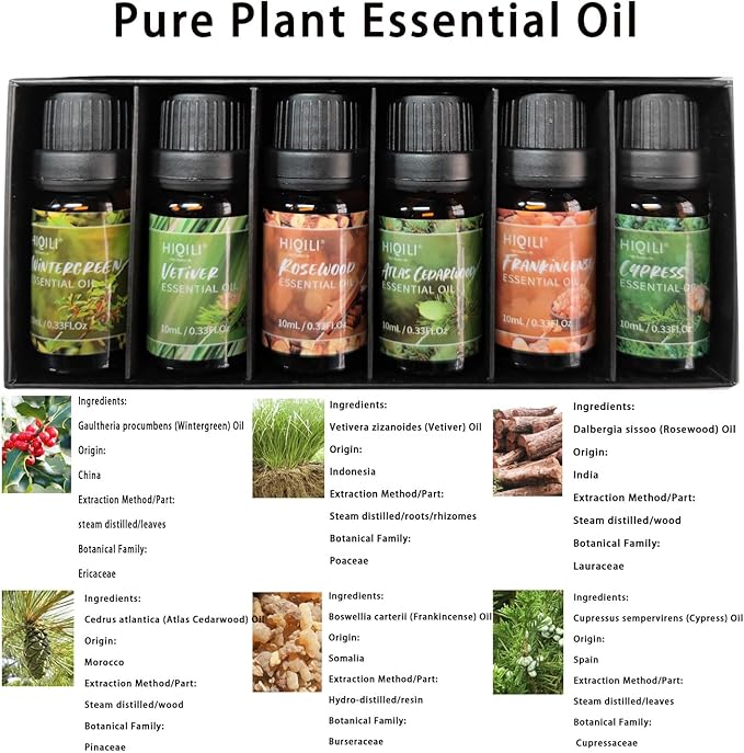 HIQILI Woodsy Fragrance Oil Set for Aromatherapy, Essential Oil Diffuser, Ideal for DIY Candles & Perfume Making, Massage Oil - Cedarwood, Frankincense, Vetiver, Rosewood, Cypress - 6x10ml