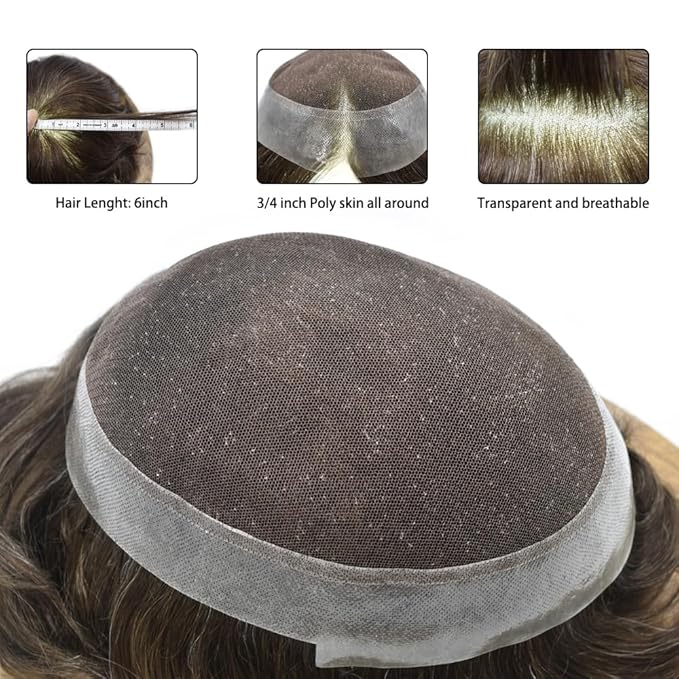 FACE MIRACLE Toupee for Men French Lace Hairpieces Human Hair Replacement System Skin PU around Mens Toupee Hair Piece for Man V-Looped Front 8"X10" #220 2# DARKEST BROWN WITH 20% SYNTHETIC GREY