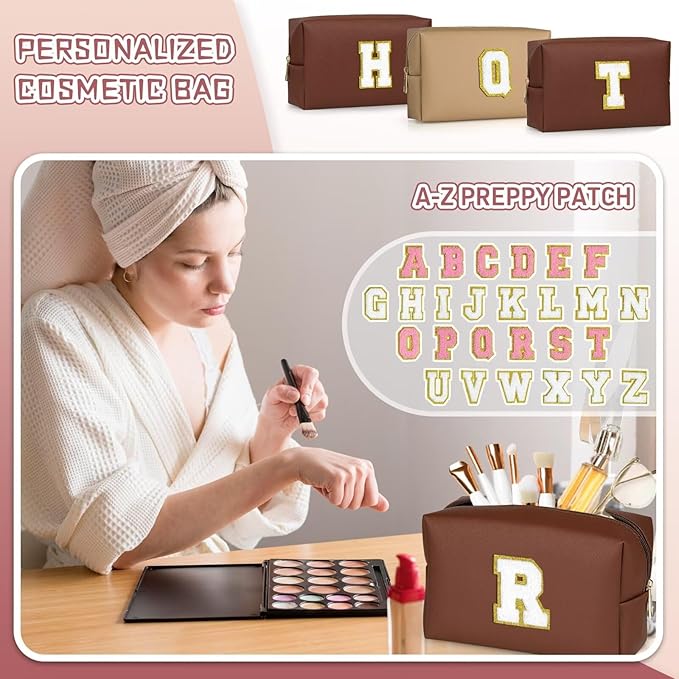 TOPEAST Preppy Patch Makeup Bag, Chenille Letter Pouch Cosmetic Bag, PU Leather Waterproof Toiletry Bag, Personalized Birthday Gift for Women Girl, Cute Stuff for Girls (Brown B)