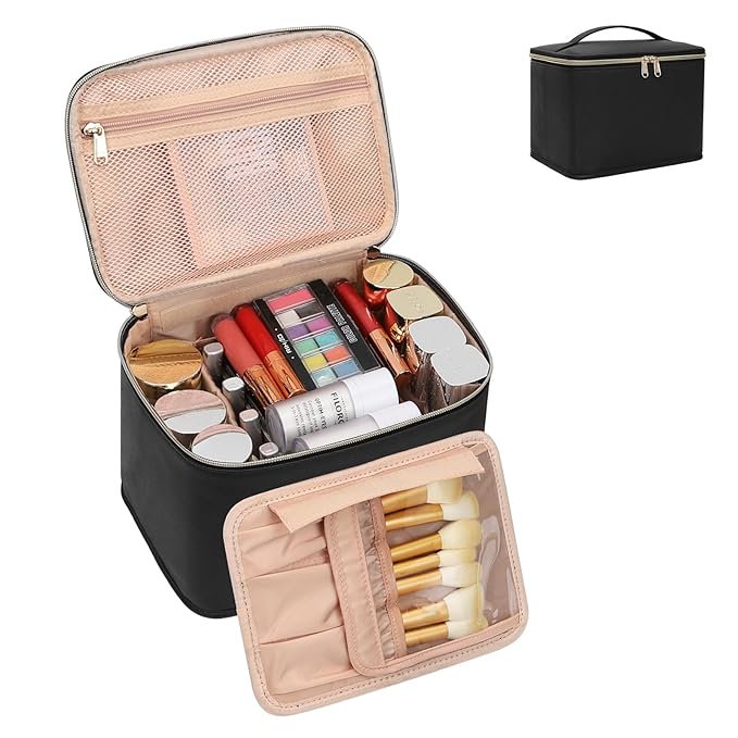 OCHEAL Travel Makeup Bag, Large Make up Bag Organizer Cosmetic Case with Detachable Brush Divider and Multi-purpose Comparement,Waterproof Portable for Toiletry Accessories Makeup Tools-Black