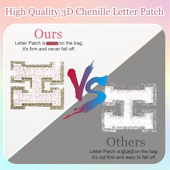Small Personalized Glitter Initial Letter Makeup Bag, Cute PU Leather Chenille Letters Cosmetic Bag Travel Makeup Pouch, Preppy Travel Organizer Zipper Pouch for Women&Girls（White-D）