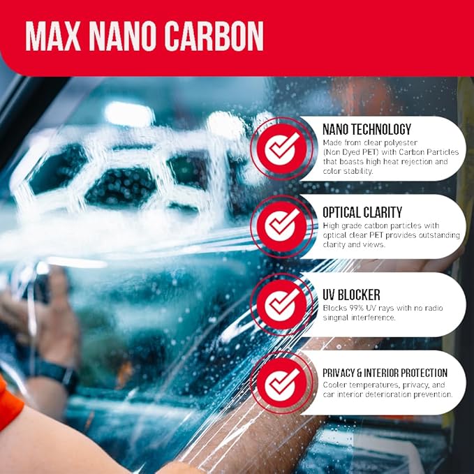 United Window Tint Car Film 40" in x 100'Ft MAX Nano Carbon Film 2Ply 70% VLT - Clear Polyester Privacy Window Tint Blocks UV/IR Rays, Heat & Glare- Laminate Adhesive with Lifetime Color Stability…