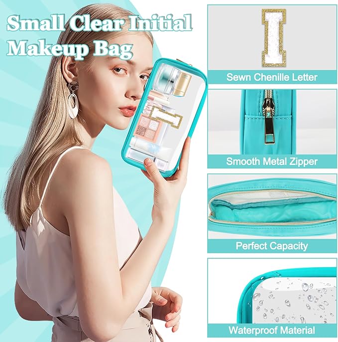 Small Clear Personalized Initial Makeup Bag,Nylon Preppy A-Z Chenille Letter Patch Cosmetic Pouch Beach Toiletry Bag,Waterproof Zipper Travel Purse Storage Bag Organizer for Women Girls(Cyan-White I)