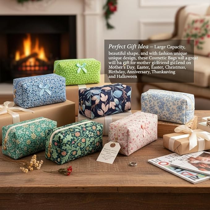 Floral Cotton Makeup Brush Cosmetic Bag for Women, Travel Quilted Zipper Pouch, Large Capacity Flowers Toiletry Organizer, Kawaii Makeup Storage Case, Cosmetic Travel Cloth Bag-Navy Floral