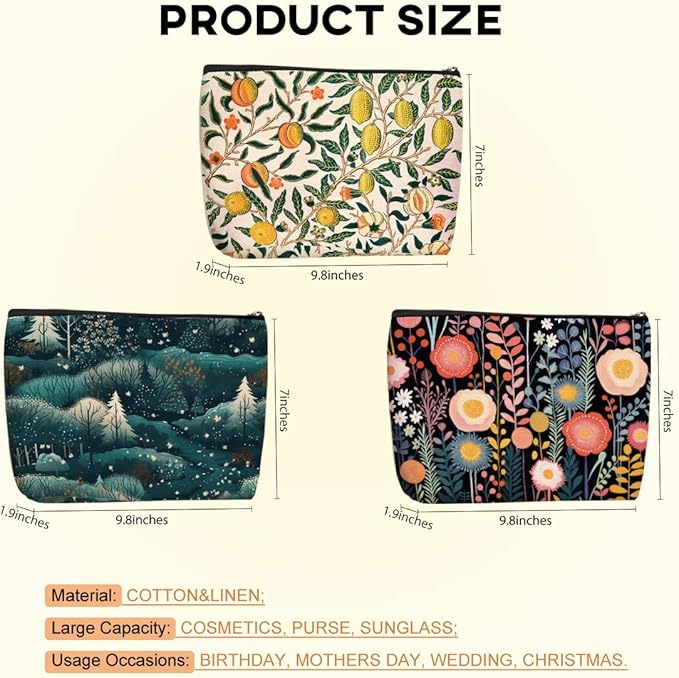 3Pcs Classic Forest Flower Fruit Makeup Bag Cosmetic Bags for Women, Abstract Botanical Travel Toiletry Bag, Thank You Anniversary Birthday Friendship Gifts for Women Girls Mom Friends Teacher