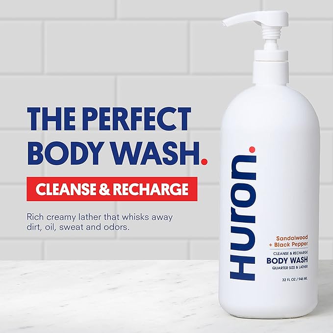 Huron Men’s Moisturizing Body Wash - Clean & Woody Scent of Sandalwood, Black Pepper, Cedarwood, & Amber - Made With Coconut Oil, Vitamin E & Witch Hazel - Vegan, Cruelty-Free - 30.3 fl oz
