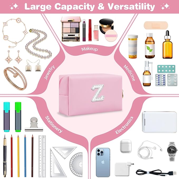 ChaoGreat Bride Gifts – Personalized Initial Makeup Bag with Pearl Rhinestone Patch, Preppy Pink Monogram Cosmetic/Toiletry Pouch, bridesmaid Gifts, Bridal Shower Gifts, Wedding Gifts, Bridal Gifts,Z
