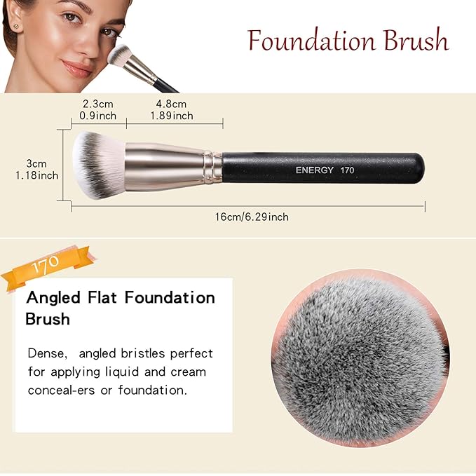 ENERGY Makeup Brush Set Professional 3pcs Foundation Concealer Detail Brushes Soft Synthetic Bristles Vegan Face Makeup Brushes for Liquid Cream Powder Flawless Blending Buffing with Travel Case