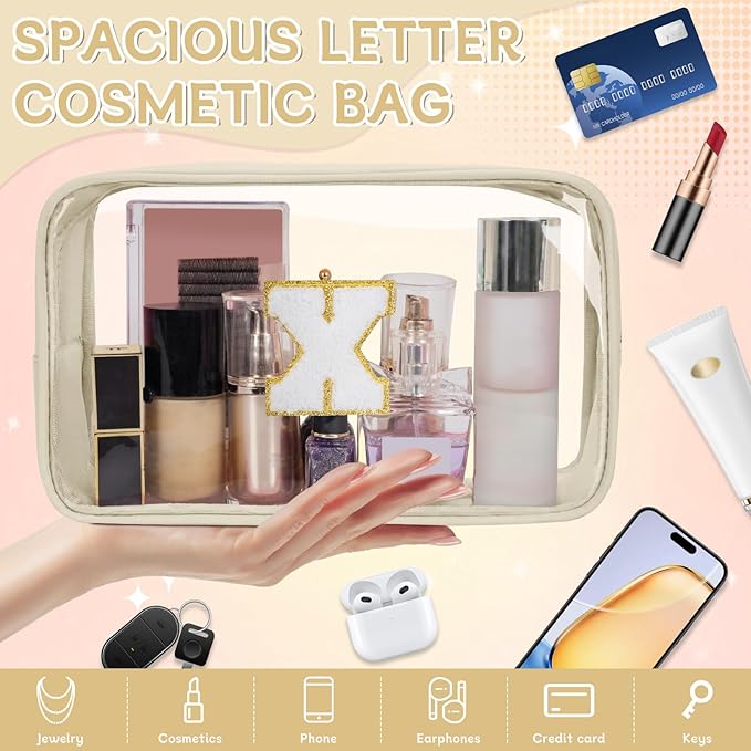 Personalized Initial Clear Makeup Bag, Travel Chenille Patch Cosmetic Bag, Preppy Toiletry Bag Monogram Cosmetic Pouch with Zipper, Ideal Gift for Teen Girls Women (Clear-Beige, X)