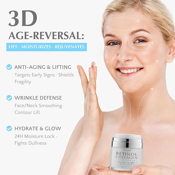 Retinol Anti Aging Face Moisturizer: Wrinkle Cream for Women, Collagen Day Night Repair Cream - Firming, Tightening & Lifting Neck Sagging Skin, 7% Hyaluronic Acid for Max Hydration, 1.7 Oz