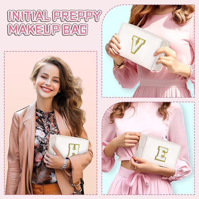 TOPEAST Initial Makeup Bag for Travel, Chenille Letter Pouch Cosmetic Bag, PU Leather Waterproof Toiletry Bag, Personalized Gifts for Bride Bridesmaids, Cute Things for Girls (White Q)