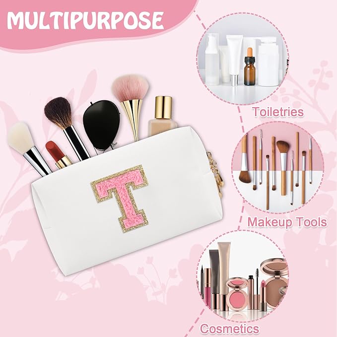 Personalized Small Travel Preppy Makeup Bag, Chenille Letter White Cute Makeup Bag Initial Cosmetic Pouch Toiletry Organizer, PU Leather Waterproof Makeup Storage Gifts for Teacher Women(Letter T)