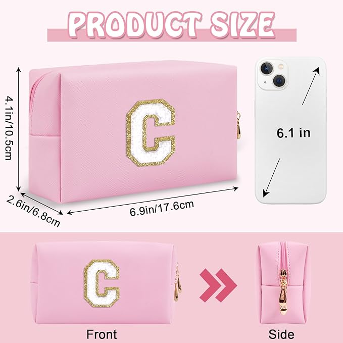 Personalized Initial Preppy Makeup Bag, Small Cute Pink Toiletry Pouch Monogram Cosmetic Travel Organizer with Zipper, PU Waterproof Glitter Make Up Bags Gift for Female Coworker Friends(Letter C)